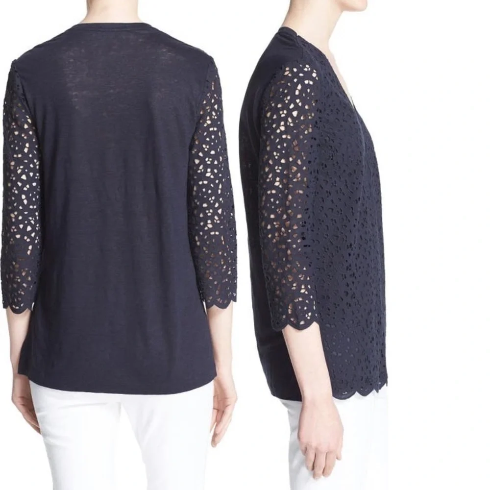 Tory Burch Broderie Detail 3/4 Sleeve Top in Navy Blue